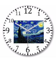 Van Gogh Yıldızlı Gece  Duvar Saati Bombeli Gercek Cam