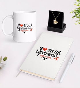 BK Gift Kişiye Özel En İyi Öğretmen Beyaz Kupa Defter Kalem ve İsimli Papatya Kolye Hediye Seti-6 (Model 1)