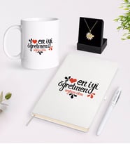 BK Gift Kişiye Özel En İyi Öğretmen Beyaz Kupa Defter Kalem ve İsimli Papatya Kolye Hediye Seti-6 (Model 1)