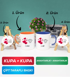 İkili Turuncu Lacivert Sevgililer Günü Hediyesi Kupa Bardak Anahtarlık