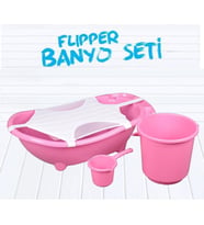 Flipper Bebek Banyo Küvet Seti - Bebek Banyo Küveti - 5 Parça - Sünger ve File Hediyeli (Pembe)