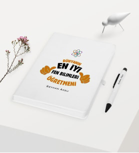 BK Gift Kişiye Özel Fen Bilimleri Öğretmeni Temalı Beyaz Defter Kalem Hediye Seti - 1