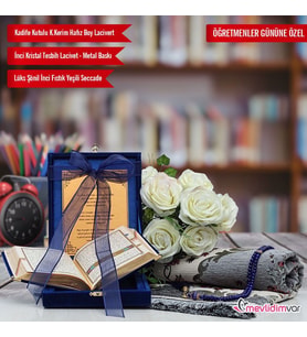 Plaketli Kadife Kutulu Kur'an-ı Kerim, Seccade, Tesbihli Hediyelik Set-Koyu Mavi (Model 1)