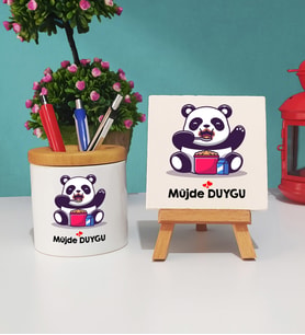 Sevimli Panda Tasarımlı Kişiye Özel Panda Kalemlik ve Dekoratif Taş Baskı Seti