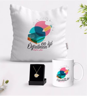 BK Gift Kişiye Özel En İyi Öğretmen Beyaz Kupa Yastık ve İsimli Papatya Kolye Hediye Seti-3 (Model 1)