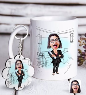 BK Gift Kişiye Özel Bayan İç Mimar Karikatürlü Beyaz Kupa ve Anahtarlık Hediye Seti-1 (Model 1)