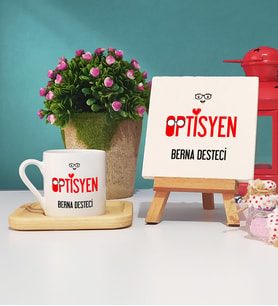 Optisyen Ahşap Altlıklı Türk Kahvesi Fincanı ve Dekoratif Taş Baskı