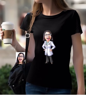 BK Gift Kişiye Özel Bayan Doktor Karikatürlü Siyah T-Shirt-1