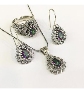 GÜMÜŞ TELKARİ İŞLEME MİSTİK TOPAZ TAŞLI DAMLA SET 