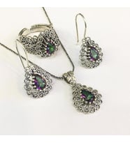 GÜMÜŞ TELKARİ İŞLEME MİSTİK TOPAZ TAŞLI DAMLA SET 