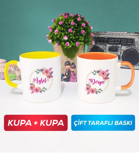 İkili Kişiye Özel İsim Yazılı Çiçek Tasarımlı Kupa Bardak Sarı Turuncu