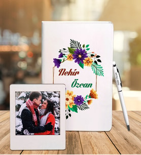 Kişiye Özel Deri Beyaz Defter & Metal Tükenmez Kalem + Ahşap Çerçeve