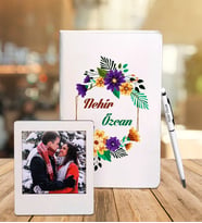 Kişiye Özel Deri Beyaz Defter & Metal Tükenmez Kalem + Ahşap Çerçeve