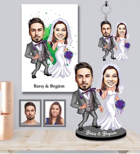 Kişiye Özel Gelin Damat Karikatürlü 3 lü Hediye Seti  Mod-6