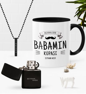 BK Gift Kişiye Özel Babamın Kupası Siyah Kupa Benzinli Çakmak Kolye Seti (Model 1)