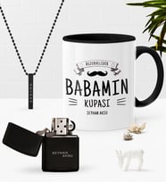 BK Gift Kişiye Özel Babamın Kupası Siyah Kupa Benzinli Çakmak Kolye Seti (Model 1)