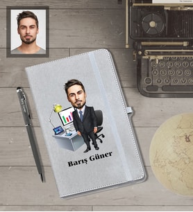Kişiye Özel Öğretmen Karikatürlü Gri Defter Kalem Hediye Seti  Bay-15