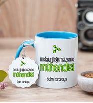 Metalurji Ve Malzeme Mühendisi Mavi Kupa Bardak Ve Anahtarlık Set