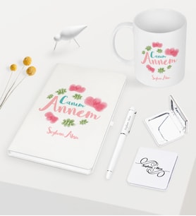 BK Gift Kişiye Özel Canım Annem Beyaz Defter Kalem Kupa Ayna Seti - 12 (Model 1)