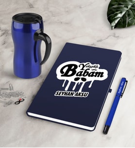 BK Gift Kişiye Özel Yakışıklı Babam Lacivert Defter Kalem Termos Mug Seti-2 (Model 1)