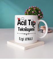 Acil Tıp Teknisyeni Tasarımlı Kişiye Özel Hediye Acil Tıp Teknisyeni Kupa Bardak ve Taş Bardak Altlığı Seti