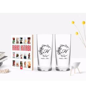 BK Gift Kişiye Özel Renkli Baskılı Baş Harf İsim Tasarımlı İkili Rakı Bardağı ve Rakı Cep Kitabı Hediye Seti-4 (Model 1)