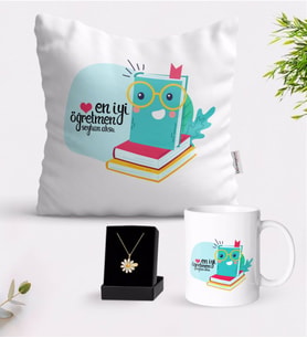 BK Gift Kişiye Özel En İyi Öğretmen Beyaz Kupa Yastık ve İsimli Papatya Kolye Hediye Seti-9 (Model 1)