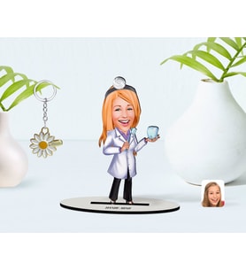 BK Gift Kişiye Özel Kadın Diş Hekimi Karikatürlü 3D Ahşap Biblo ve İsimli Gold Papatya Anahtarlık-1 (Model 1)