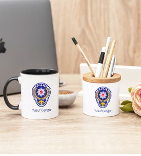 Polis Amblemli Siyah Kupa Bardak Ve Kalemlik Hediye Seti