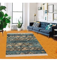 Renkli Geometrik Karo Desenli Dijital Baskı Yıkanabilir Kaymaz Taban Etnik Kilim Desen Salon Halısı (Su Yeşili)