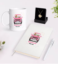 BK Gift Kişiye Özel Direksiyon Öğretmeni Beyaz Kupa Defter Kalem ve İsimli Papatya Kolye Hediye Seti (Model 1)