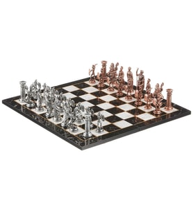 Büyük Boy Metal Roma Satranç Takımı Antik ve Katlanır Mermer Desenli MDF Ahşap Satranç Tahta (43x43 cm.) (Çok Renkli)