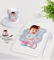BK Gift Kişiye Özel Bebek Karikatürlü Beyaz Defter Kalem Türk Kahvesi Fincanı Seti-4 (Model 1)