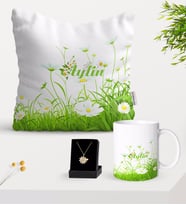 BK Gift Kişiye Özel Papatya Temalı Yastık Kupa Ve Papatya Kolye Hediye Seti-6 (Model 1)