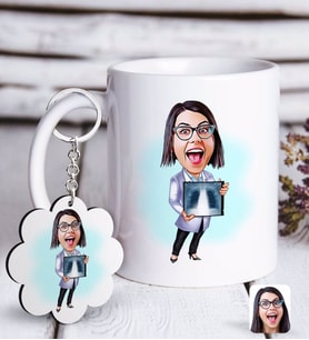 BK Gift Kişiye Özel Bayan Radyolojist Karikatürlü Beyaz Kupa ve Anahtarlık Hediye Seti-1 (Model 1)