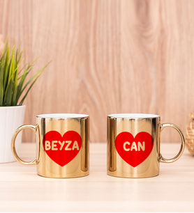 İsim Yazılı Kırmızı Kalpli İkili Gold Kupa Bardak