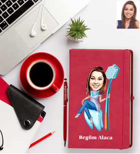 Kişiye Özel Diş Doktoru Karikatürlü Kırmızı Defter Kalem Hediye Seti Bayan-1