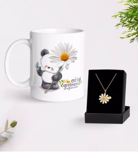 BK Gift Kişiye Özel Papatya Temalı En İyi Öğretmen Kupa Ve Papatya Kolye Hediye Seti-9 (Model 1)