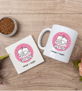 Aşık Çiftler Beyaz Kupa Bardak Ve Bardak Altlığı Set