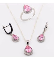 925 Ayar Gümüş Pembe Zirkon Taşlı Damla Model Bayan Set