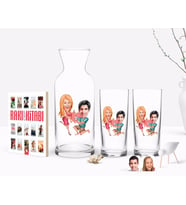 BK Gift Kişiye Özel Renkli Baskılı Sevgililer Karikatürlü İkili Rakı Bardağı Karaf ve Cep Kitabı Hediye Seti-19 (Model 1)