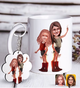 BK Gift Kişiye Özel Kız Kardeşler Karikatürlü Beyaz Kupa ve Anahtarlık Hediye Seti-5 (Model 1)
