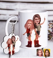 BK Gift Kişiye Özel Kız Kardeşler Karikatürlü Beyaz Kupa ve Anahtarlık Hediye Seti-5 (Model 1)