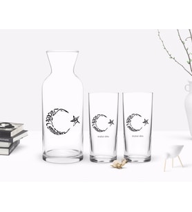BK Gift Kişiye Özel Renkli Baskılı Kaligrafi Atatürk Tasarımlı İkili Rakı Bardağı ve Karaf Hediye Seti-1 (Beyaz)