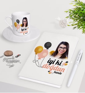BK Gift Kişiye Özel Fotoğraflı Doğum Günü Beyaz Defter Kalem Türk Kahvesi Fincanı Seti-11 (Model 1)
