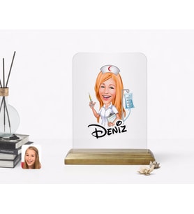 BK Gift Kişiye Özel Hemşire Karikatürlü Ahşap Standlı Çerçeve-2 (Beyaz)