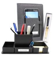 Kişiye Özel Telefon Cepli Gri Defter & Gold Detaylı Roller Kalem & Masaüstü Kalemlik Hediye Seti (Siyah)