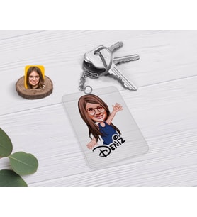BK Gift Kişiye Özel Kız Çocuk Karikatürlü Şeffaf Pleksi Anahtarlık-4 (Beyaz)