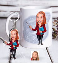 BK Gift Kişiye Özel Bayan Öğretmen Karikatürlü Beyaz Kupa ve Anahtarlık Hediye Seti-3 (Model 1)