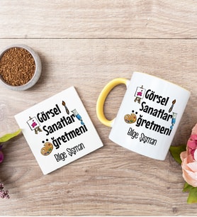 Görsel Sanatlar Öğretmeni Sarı Kupa Bardak Ve Bardak Altlığı Seti